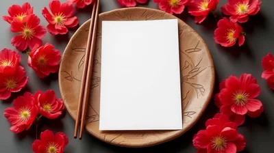 Blank Menu Card on Ceramic Plate with Red Flowers