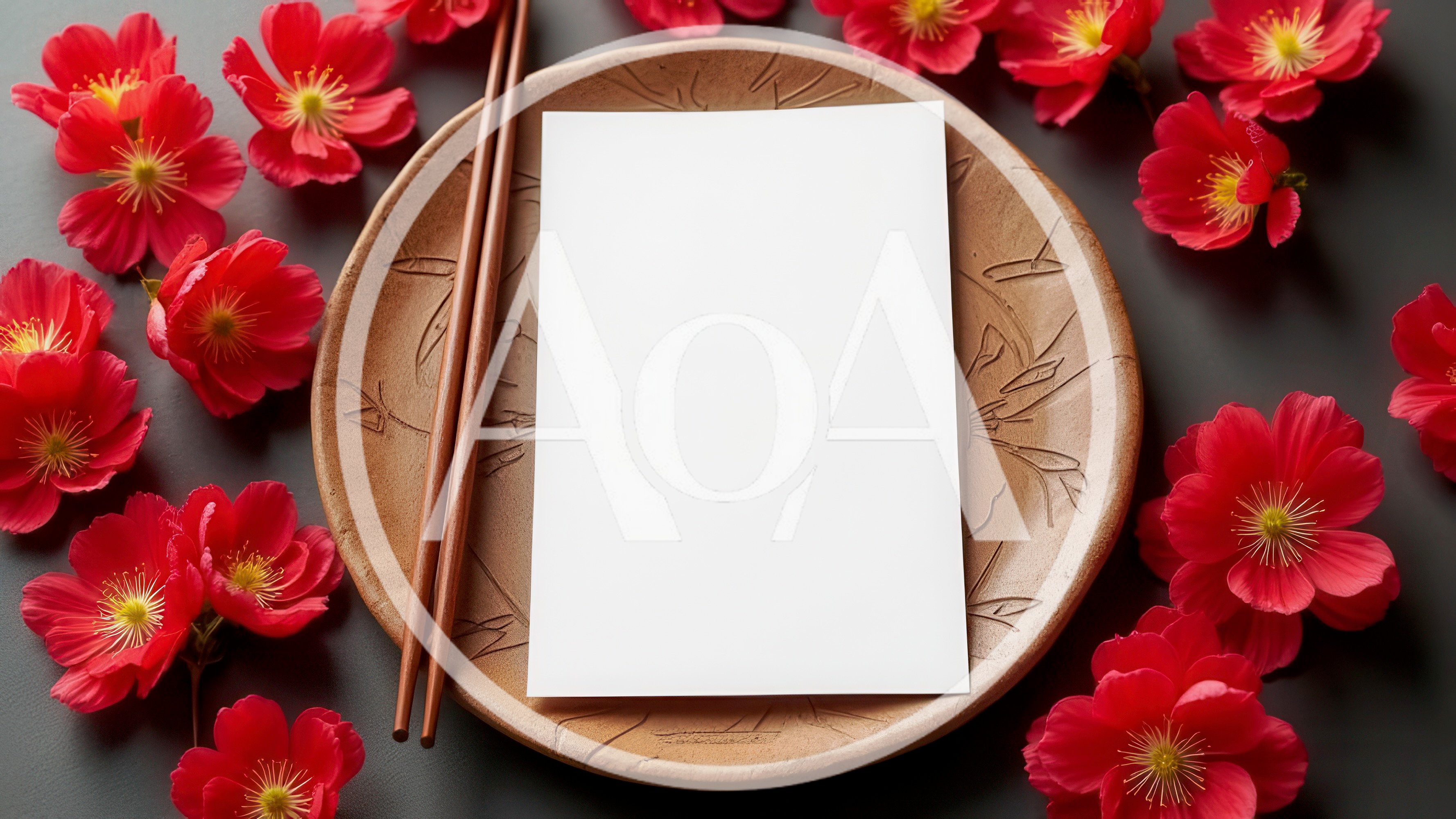 Blank Menu Card on Ceramic Plate with Red Flowers