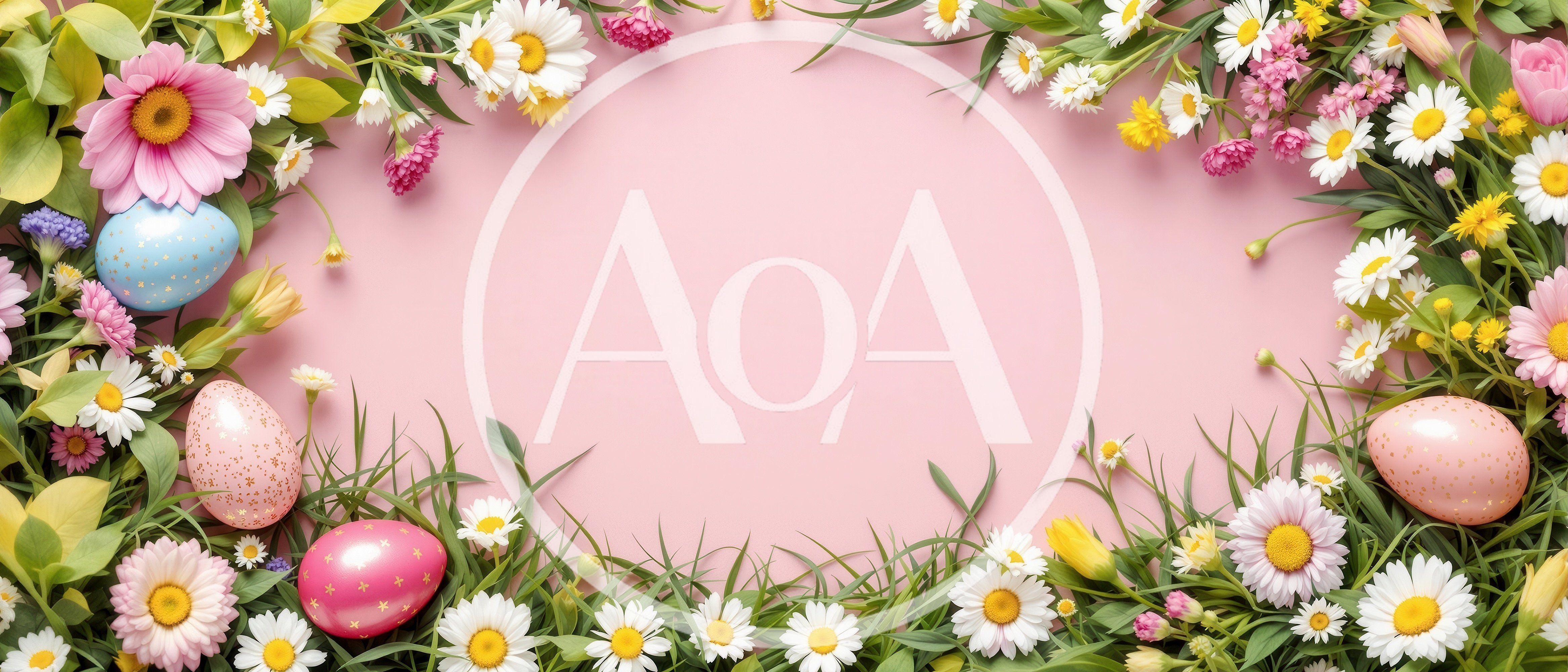 Easter Eggs and Spring Flowers on Pink Background