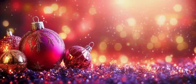 Red Christmas Ornaments on Glittering Festive Background