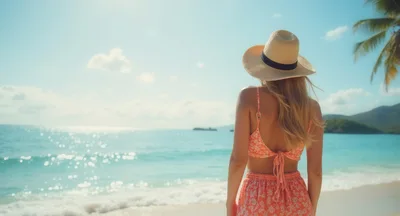 Woman In Sun Hat Standing On Tropical Beach