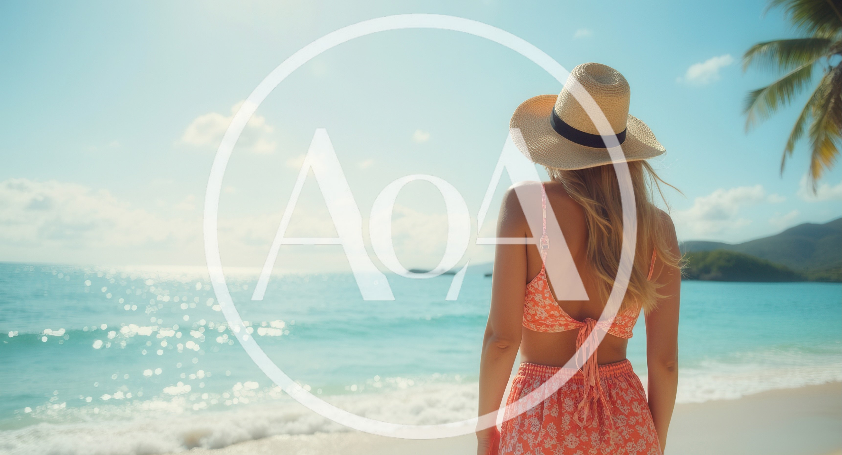 Woman In Sun Hat Standing On Tropical Beach
