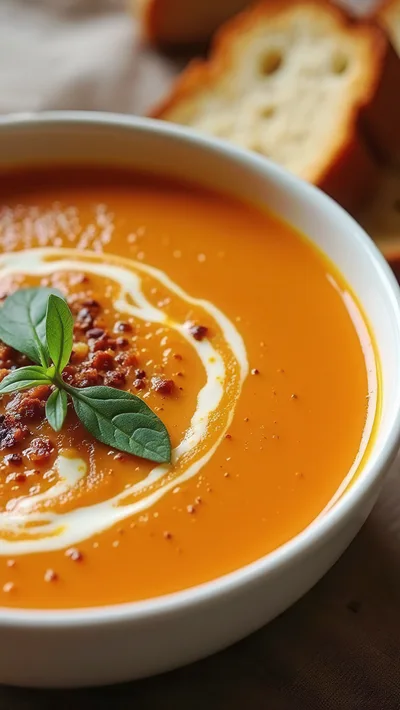 Creamy Tomato Soup With Bacon And Basil Garnish