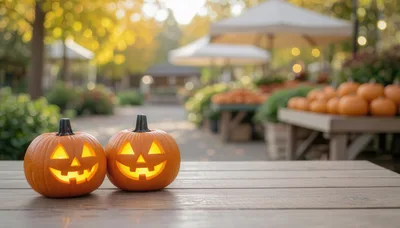 Two Lit Jack O Lanterns On A Wooden Table