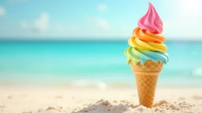 Rainbow Swirl Ice Cream Cone On Tropical Beach