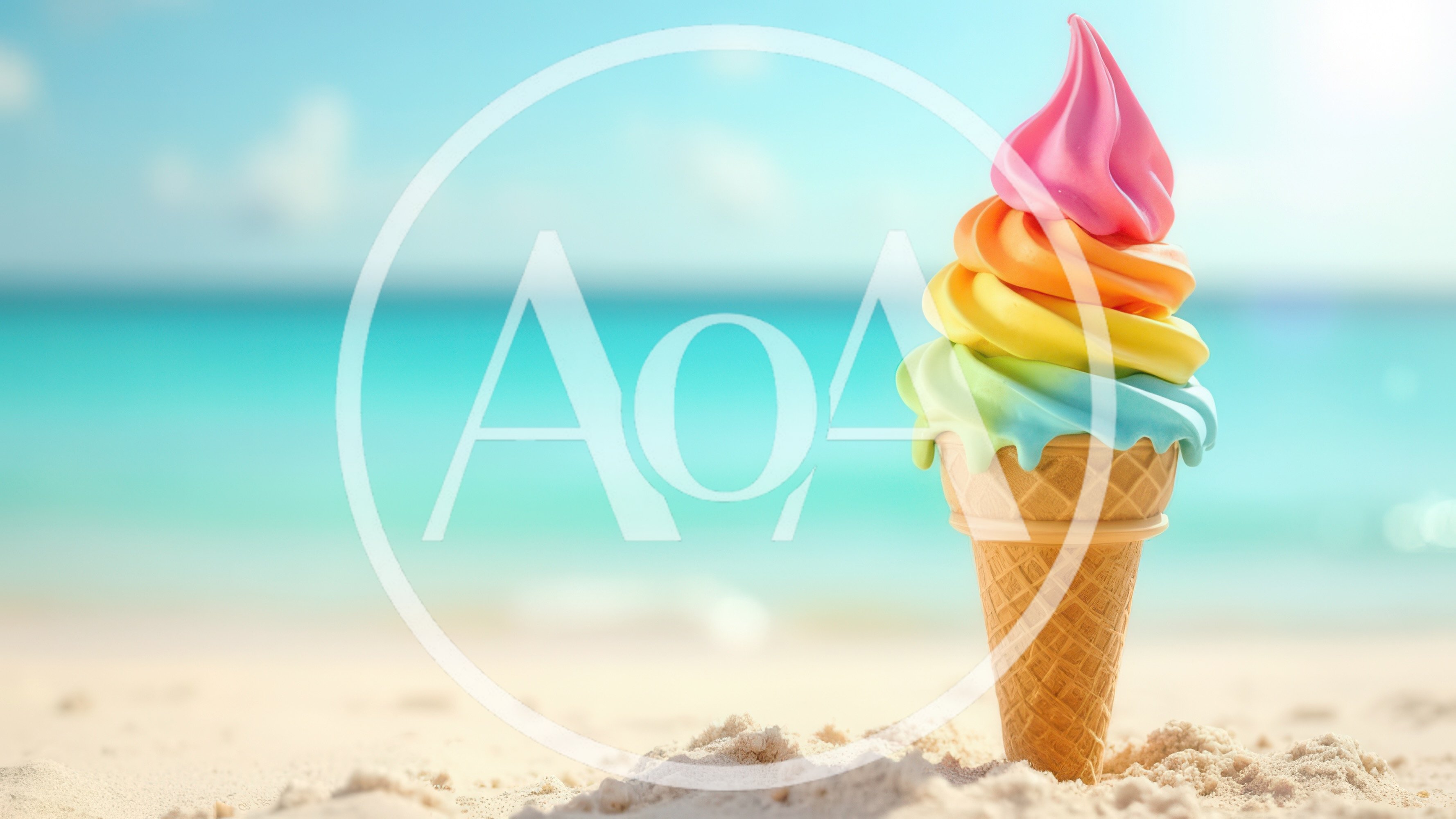 Rainbow Swirl Ice Cream Cone On Tropical Beach