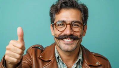 Smiling Man With Mustache Giving A Thumbs Up
