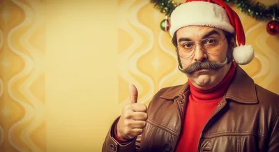 Man With Mustache Wearing Santa Hat Giving Thumbs Up