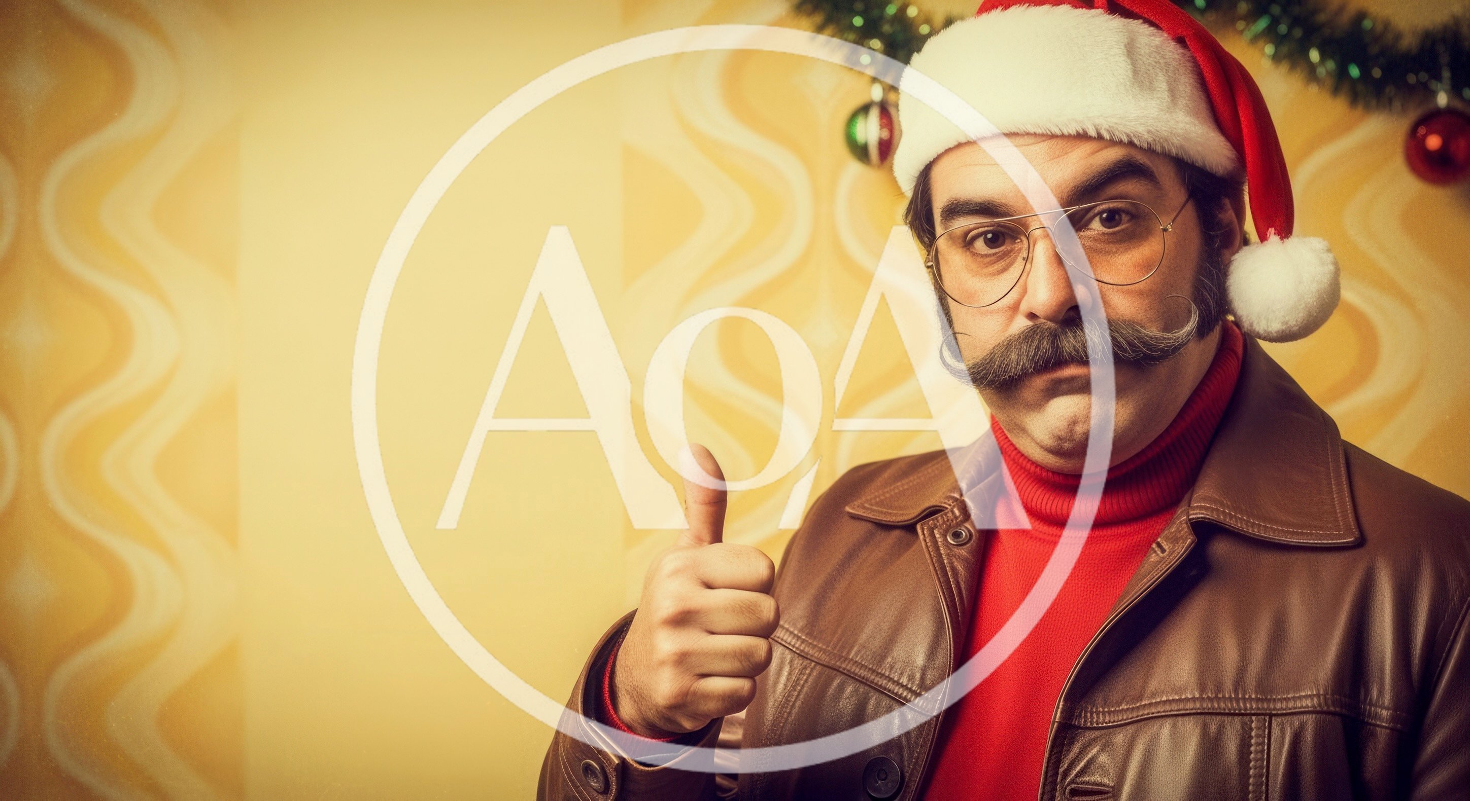 Man With Mustache Wearing Santa Hat Giving Thumbs Up