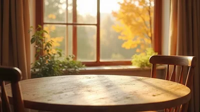 Empty Wooden Table In A Sunlit Cozy Room
