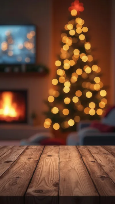 Wooden Table Surface With Blurred Christmas Living Room Background