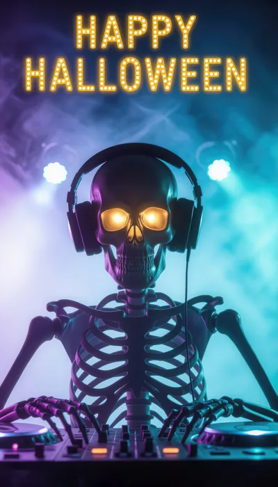 Skeleton DJ Playing Music at Halloween Party