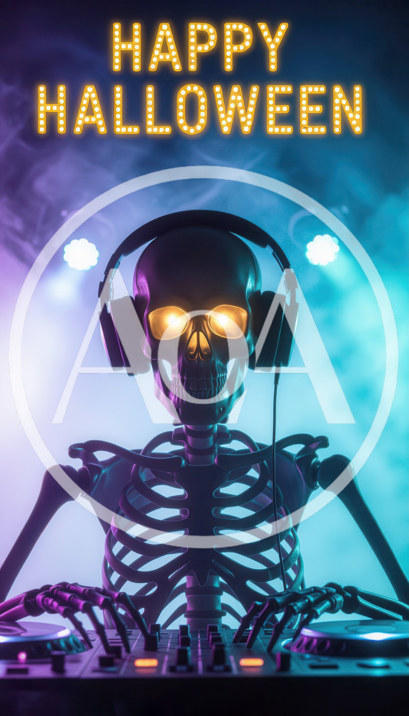 Skeleton DJ Playing Music at Halloween Party