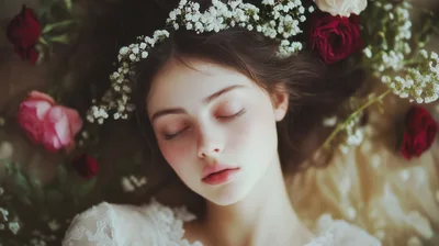 Young Woman Sleeping Surrounded By Flowers