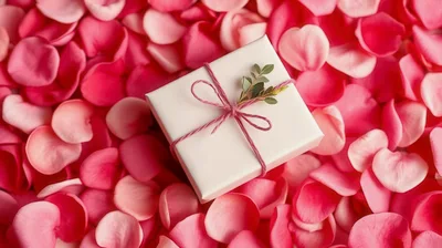 White Gift Box Resting On Pink Rose Petals