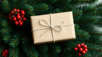 Gift Box Wrapped in Brown Paper on Pine Branches