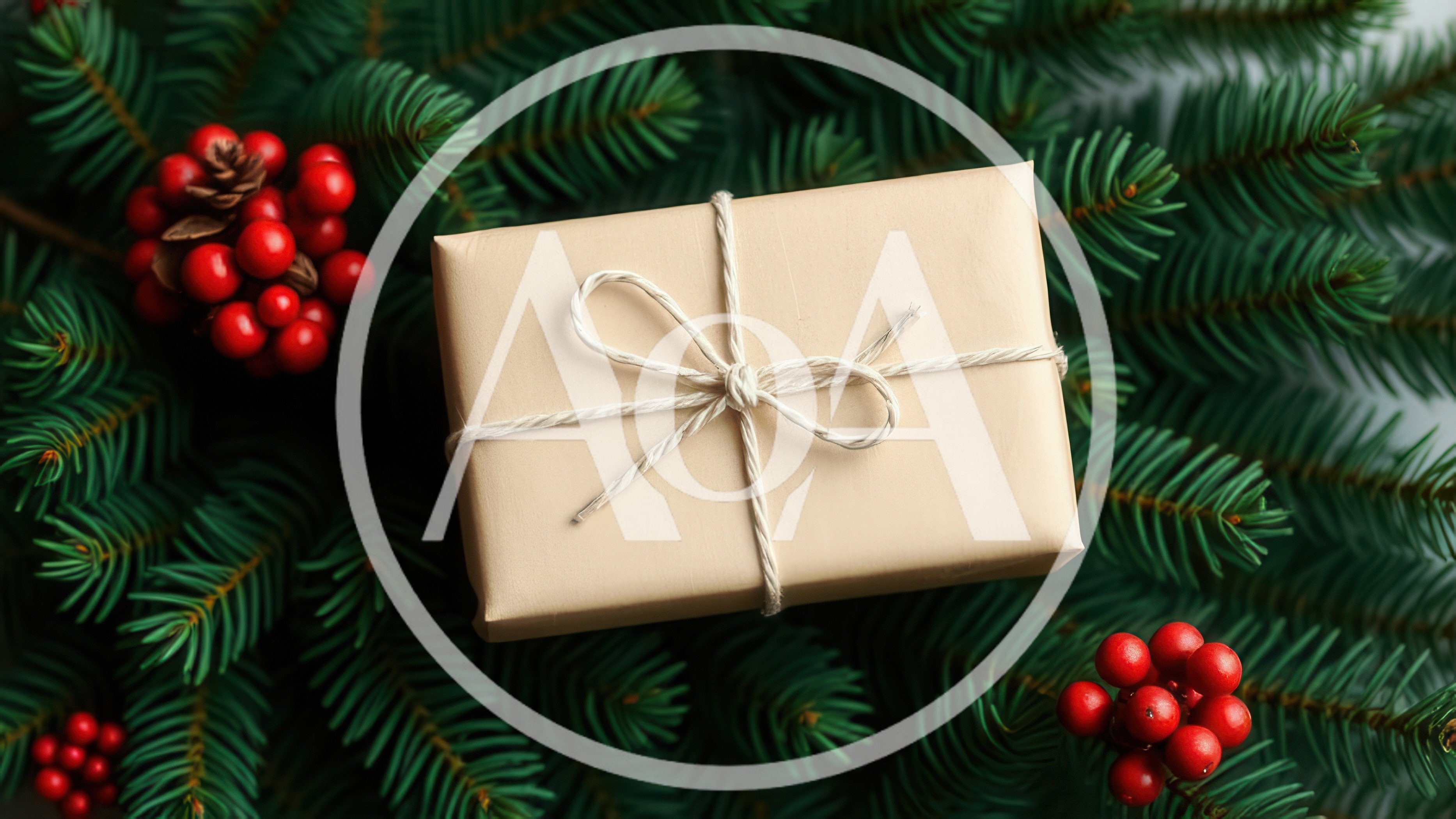 Gift Box Wrapped in Brown Paper on Pine Branches
