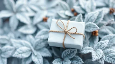 Small White Gift Box on Frosted Winter Leaves