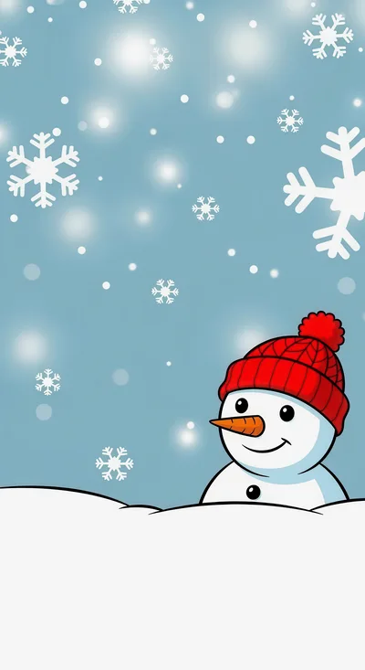 Cute Cartoon Snowman Wearing A Red Winter Hat