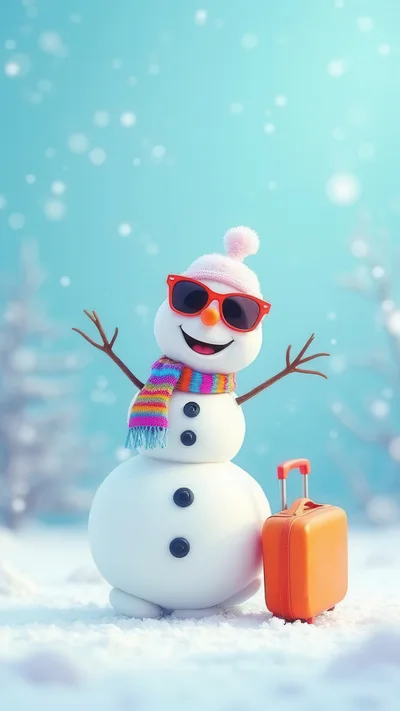 Cheerful Snowman With Sunglasses And Suitcase In Winter