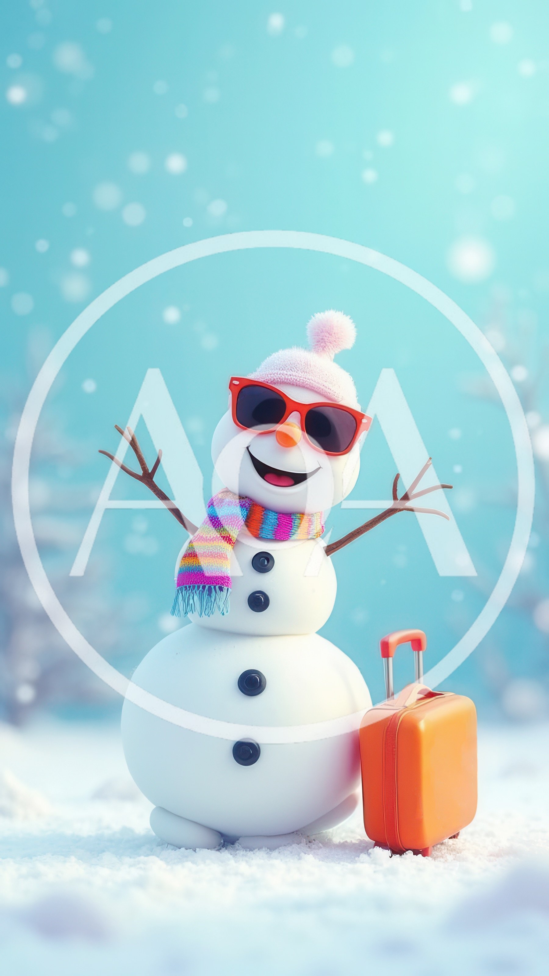 Cheerful Snowman With Sunglasses And Suitcase In Winter