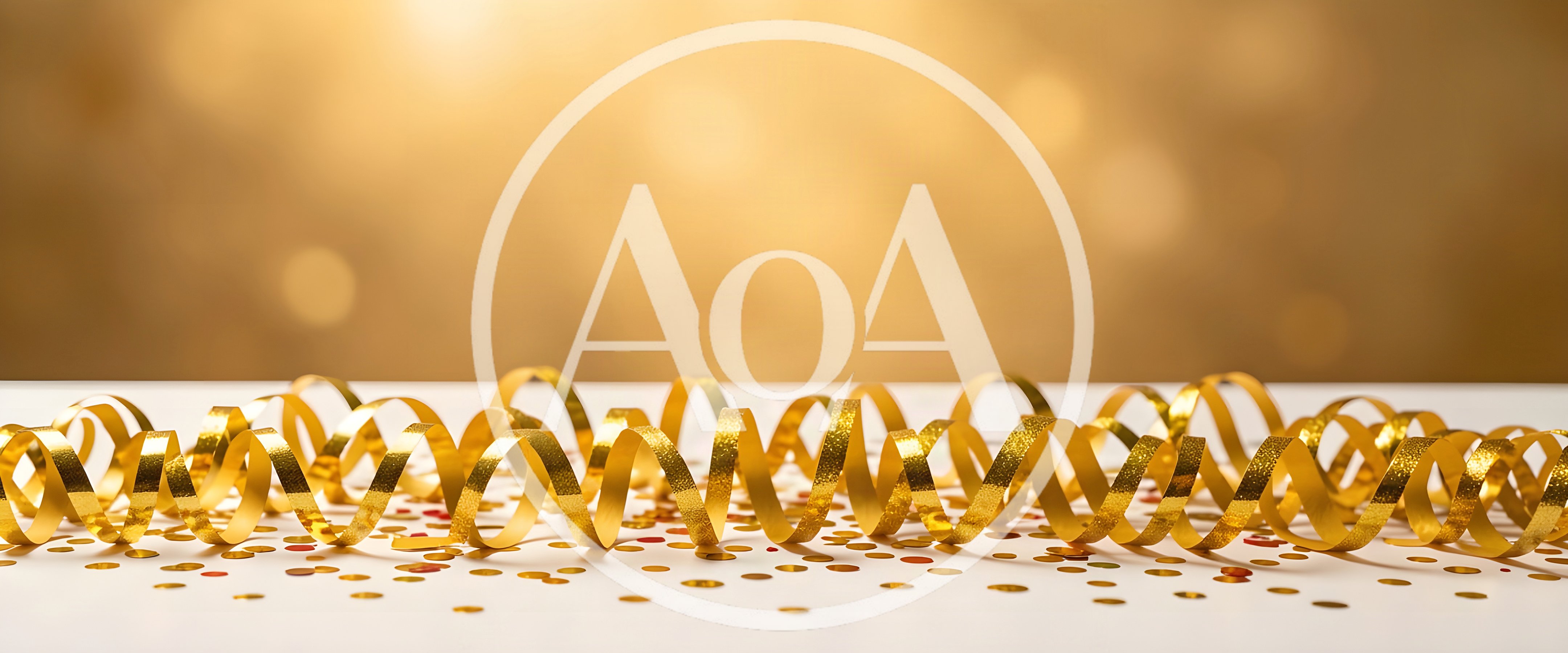 Golden Party Streamers and Confetti on White Surface