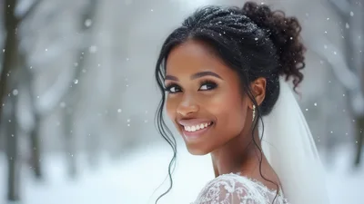Beautiful Bride Smiling In A Snowy Winter Forest