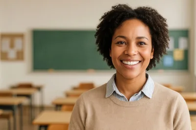 Smiling Female Teacher Standing In A Classroom