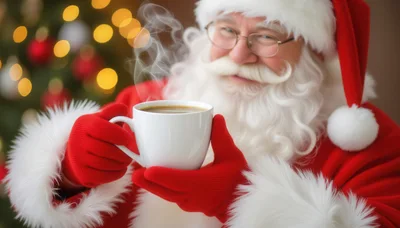 Santa Claus Holding A Steaming Mug Of Coffee