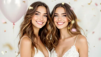 Two Beautiful Women Celebrating With Confetti And Balloons