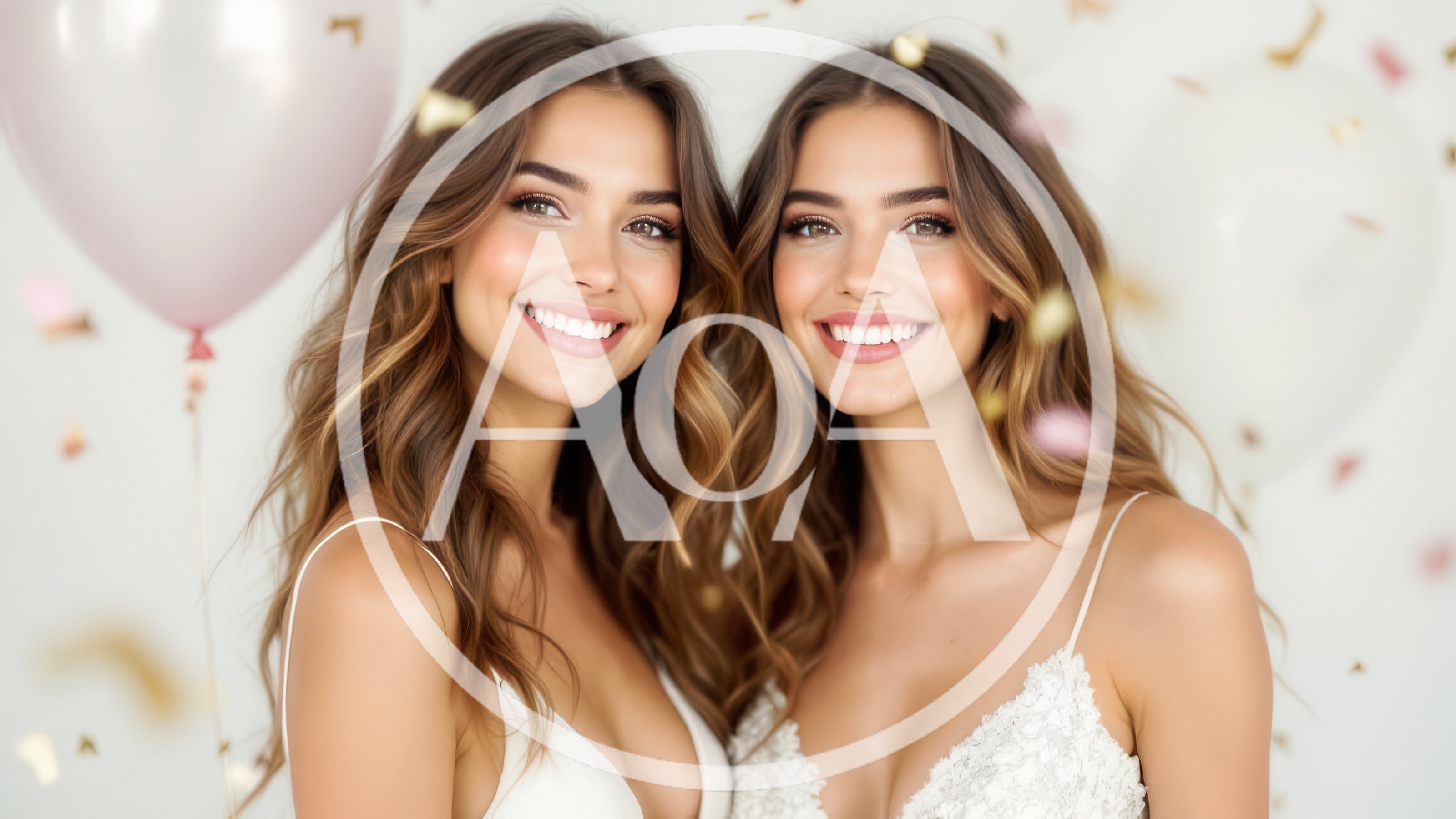 Two Beautiful Women Celebrating With Confetti And Balloons