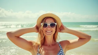 Smiling Woman Wearing Straw Hat and Sunglasses at Beach