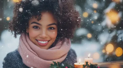 Smiling Woman With Curly Hair In Snowy Winter Setting