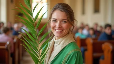 Smiling Woman Holding Palm Branch In Church