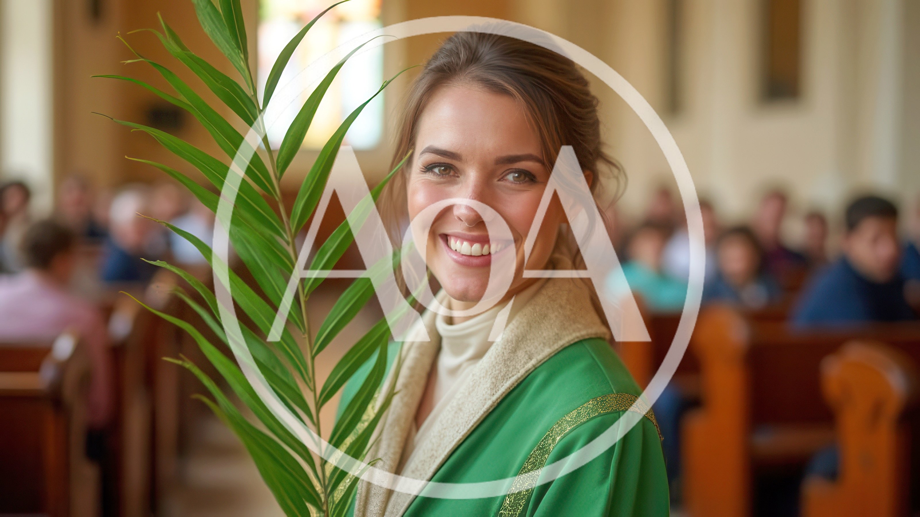 Smiling Woman Holding Palm Branch In Church