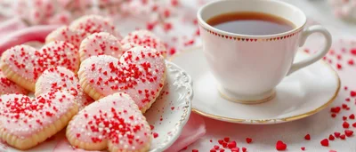 Heart Shaped Cookies With Pink Icing And Tea