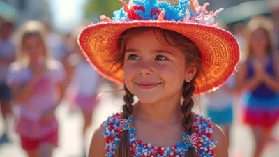 Young Girl Wearing Patriotic Hat and Dress
