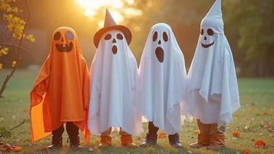 Four Children Dressed In Halloween Ghost Costumes