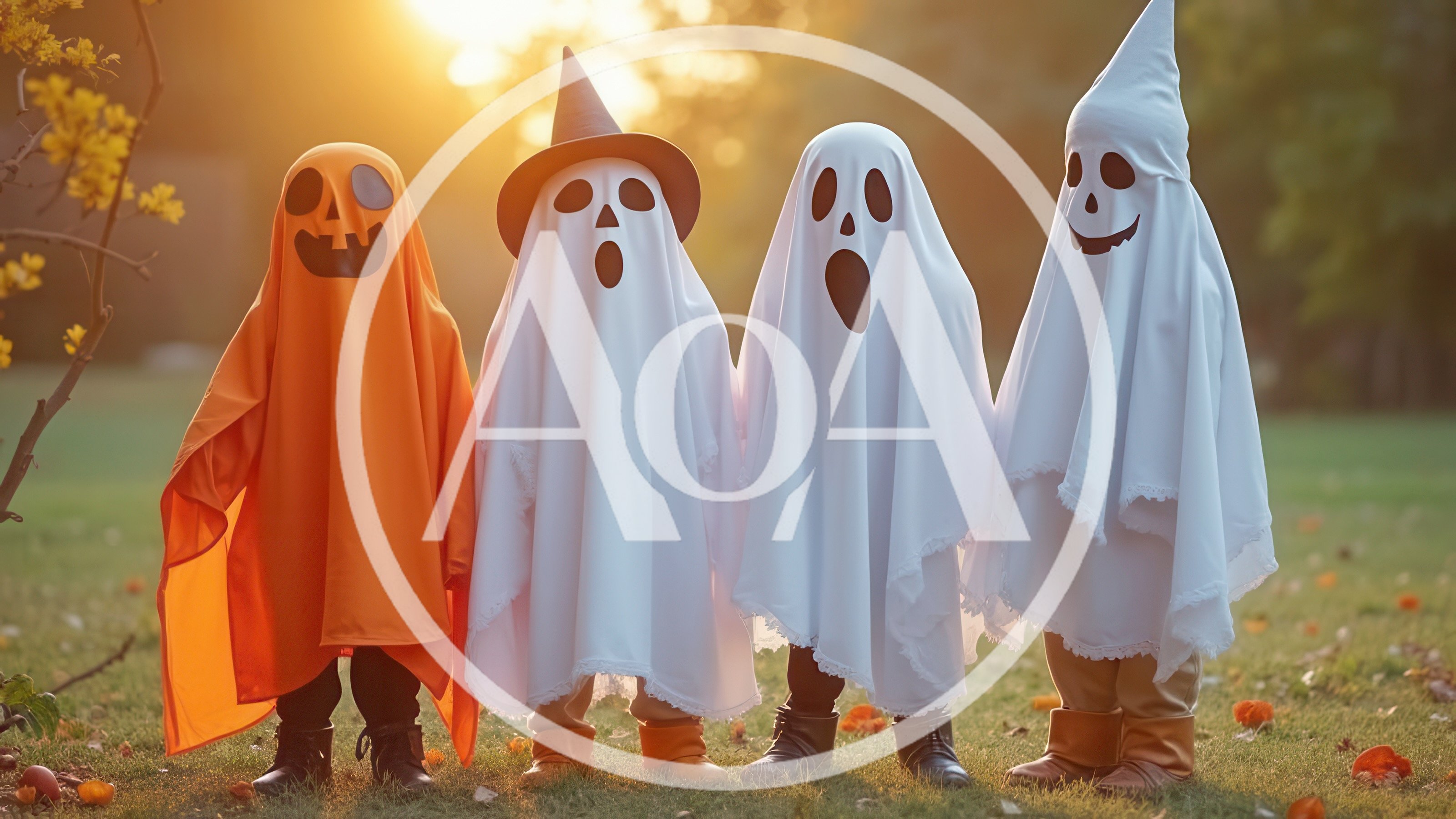 Four Children Dressed In Halloween Ghost Costumes