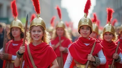 Children Dressed As Roman Soldiers In A Parade