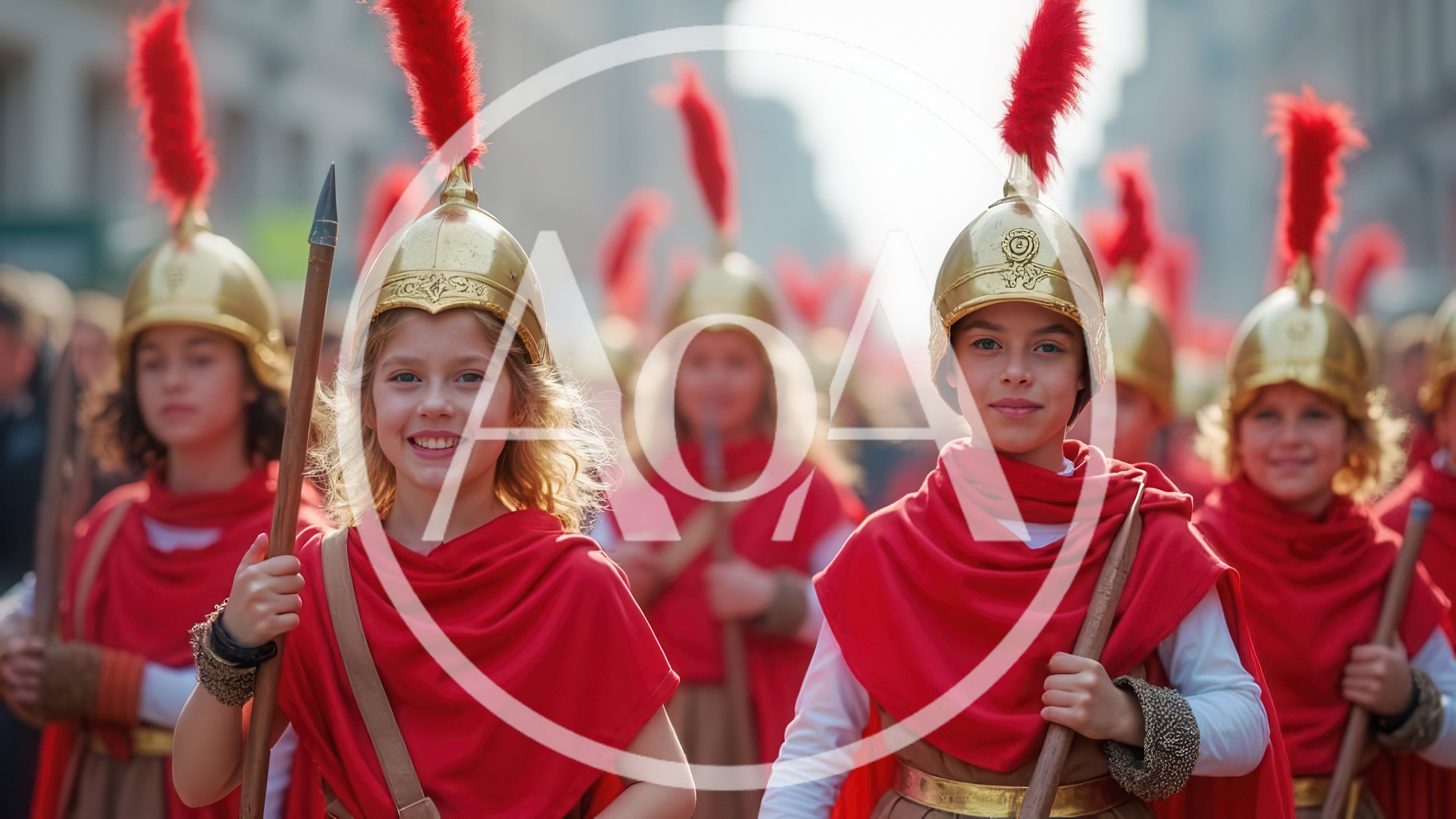 Children Dressed As Roman Soldiers In A Parade