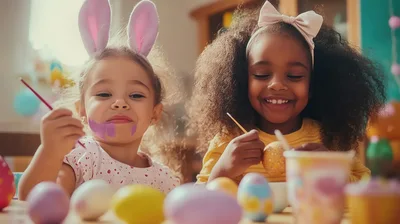 Two Young Girls Painting Easter Eggs Together