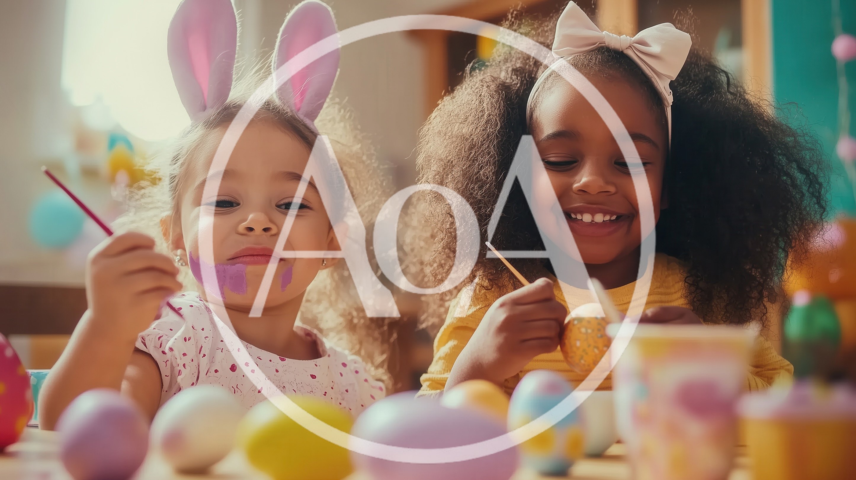 Two Young Girls Painting Easter Eggs Together