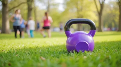 Purple Kettlebell Resting On Green Park Grass