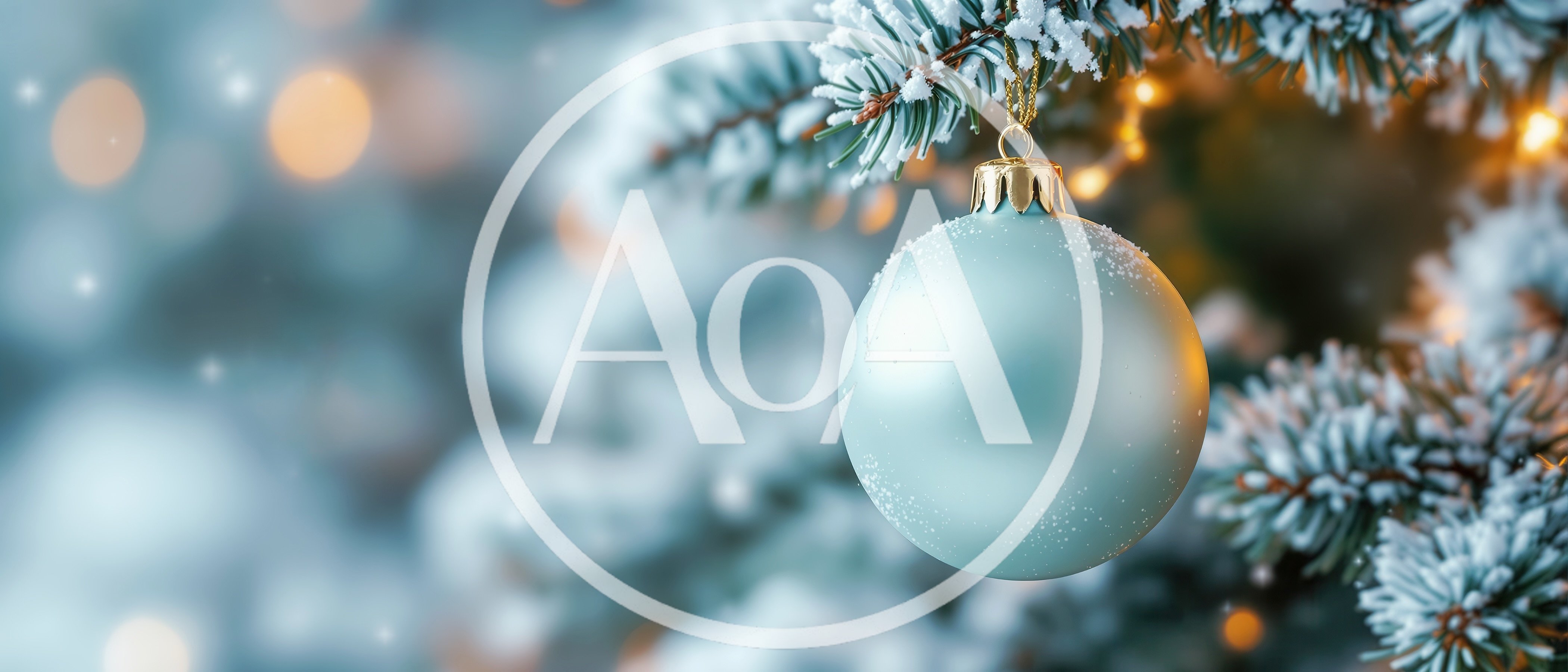 Light Blue Christmas Ornament Hanging On Snowy Pine Branch