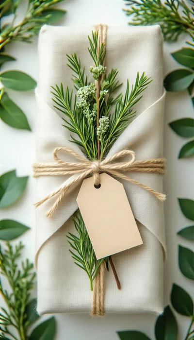 Eco Friendly Gift Wrapped In Linen With Greenery
