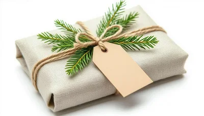Gift Wrapped In Linen With Pine Sprig And Tag