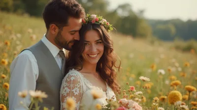 Happy Newlywed Couple Embracing in a Wildflower Meadow