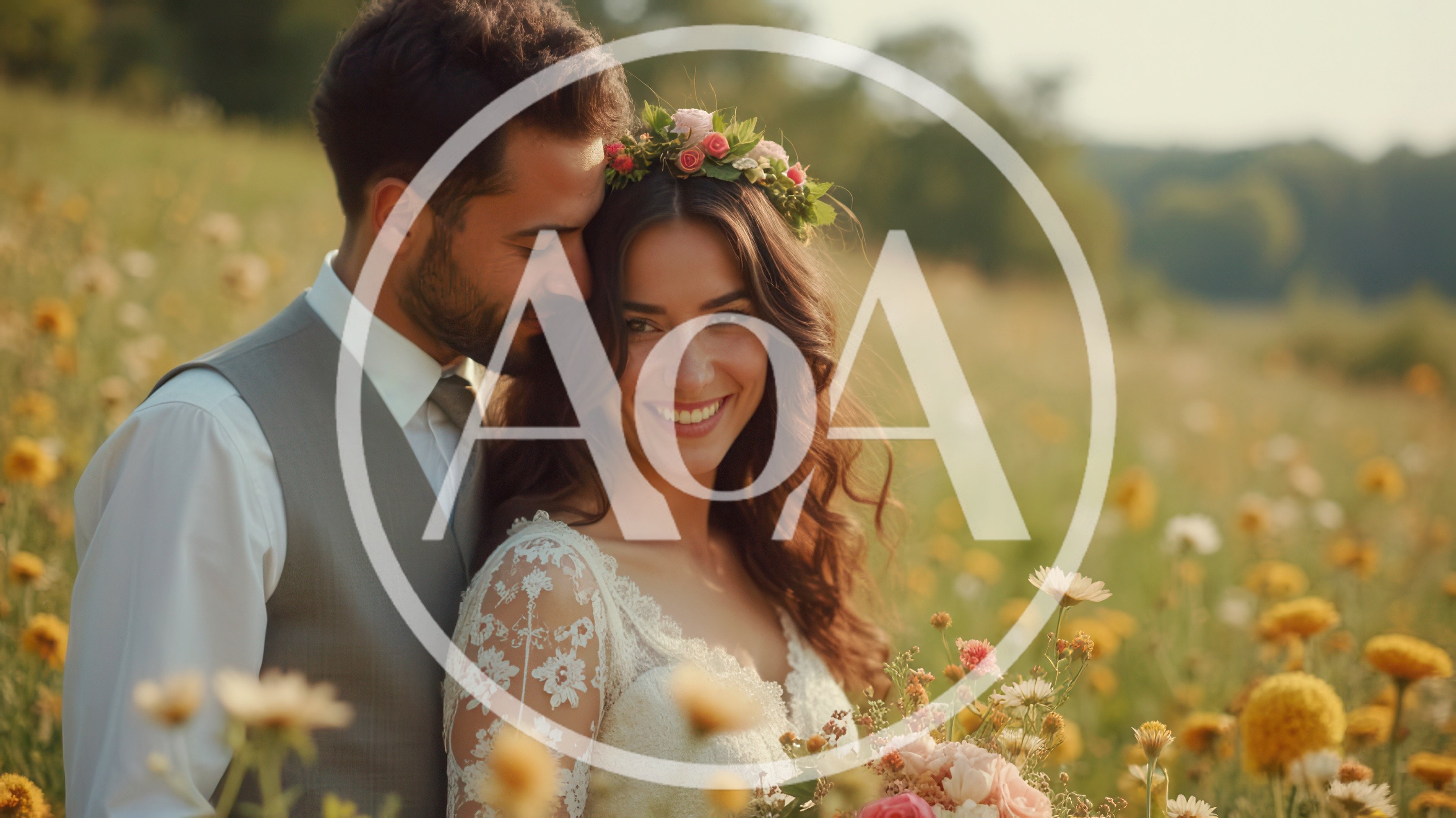 Happy Newlywed Couple Embracing in a Wildflower Meadow