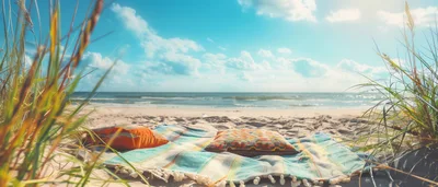 Cozy Picnic Blanket With Pillows On A Sunny Beach